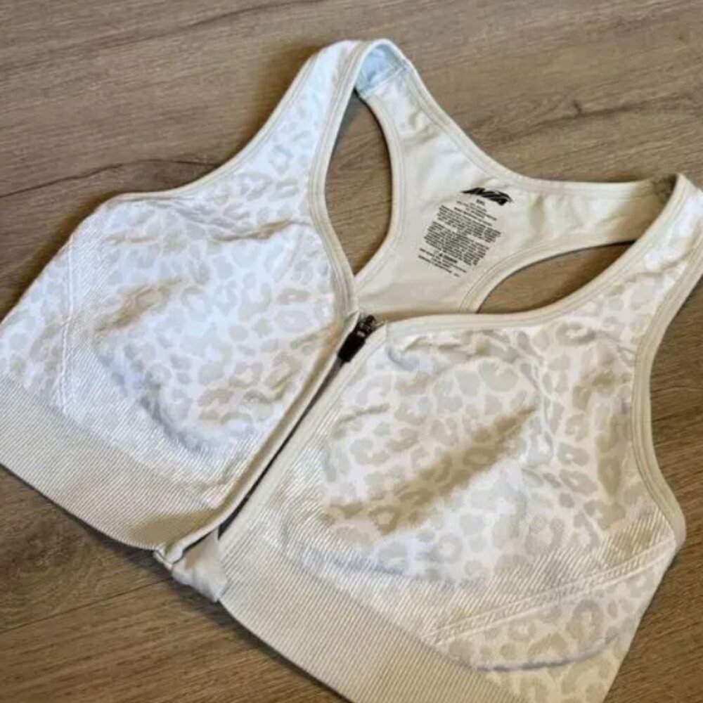Avia Zip Front Sports Bra XXL Leopard Print Light Grey Racerback Style AV18191
